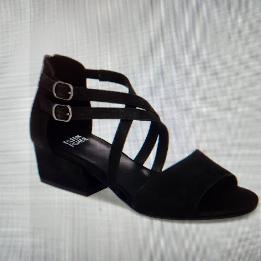 Eileen Fisher Black Leather "Kyra" Block Heeled Sandals. NIB. Size: various